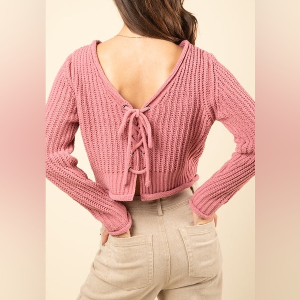 New In women’s large Sweater rose Pink knit lace tie back boutique soft chenille - Picture 2 of 10